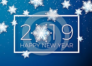 Greeting card Happy New Year 2019. Paper snowflakes on background of text in a white frame. Vector illustration