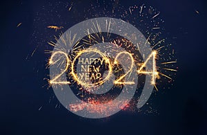 Greeting card Happy New Year 2024 with sparkling text photo