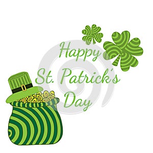 Greeting card for Happy Patrick day with striped clover, sack