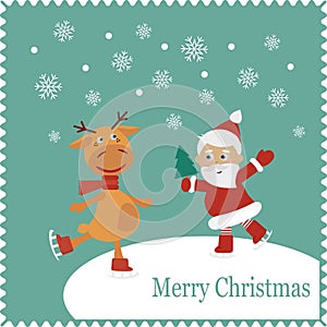 Greeting card with happy Santa and rabbit skates