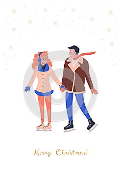 Greeting card with happy skating couple falling in love