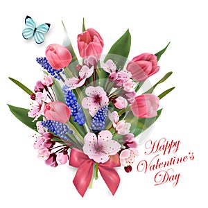 Greeting card happy Valentines day with a bouquet of pink