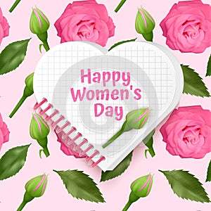 Greeting card Happy Women`s Day, card with Seamless, endless background with bright pink roses and green leaves. Background for