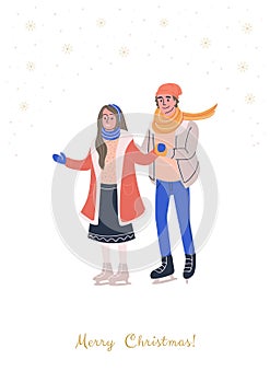 Greeting card with happy young skating couple