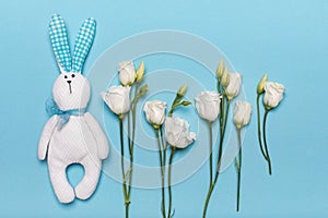 Greeting card with hare rabbit and fresh lisianthus flowers, birthday, March 8, women day, Valentine day, February 14