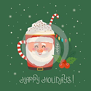 Greeting card with the holidays. Cup with Santa Claus. tree, lollipop garland on a background of snowflakes