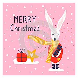 Greeting card with icon of cute rabbit bunny. New year poster. Funny animal and confetti. Merry Christmas.