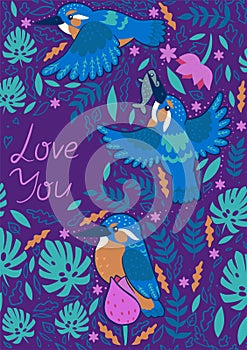 Greeting card with the inscription love you. Kingfishers on a purple background. Vector graphics