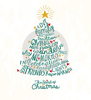 Greeting card with inspiring handwritten words in Christmas tree shape