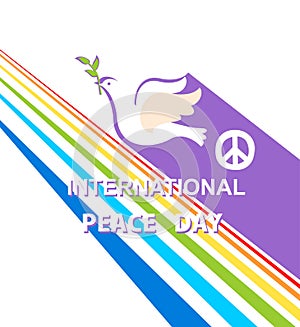 Greeting card for International Peace day with dove, peace symbol and rainbow