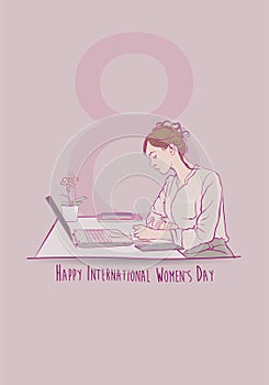 Greeting Card of INTERNATIONAL WOMEN S DAY. Sketch of sitting female office worker writing in her notebook