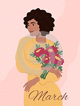 Greeting card for International Womens Day .Celebrate March 8 . African American woman holding red peonies. Womens