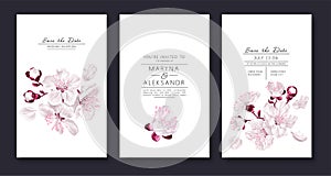 Greeting card or invitation design with flowers cherry blossoms, blossoming fruit trees