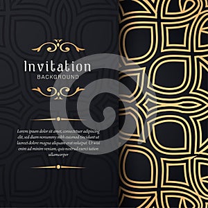 Greeting card invitation with lace and floral ornaments, Gold ornamental pattern background illustration,