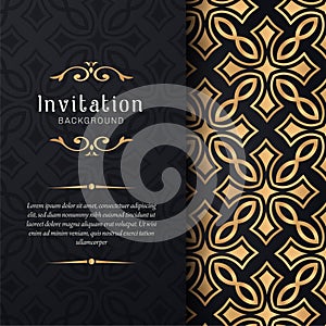 Greeting card invitation with lace and floral ornaments, Gold ornamental pattern background illustration,