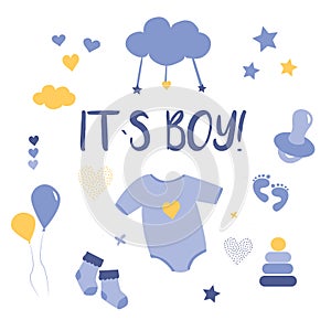Greeting card its a boy. Children`s posters. Baby shower illustrations set. Hand drawn newborn boy items and elements. Invitations