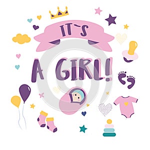 Greeting card its a girl Children`s posters. Baby shower illustrations set. Hand drawn newborn boy items and elements. Invitations