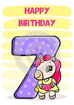 Greeting card for kids with unicorn. for children 7 years or months