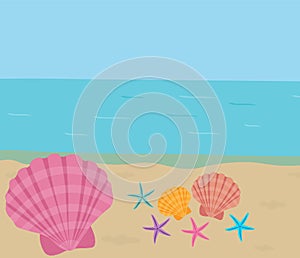 Greeting card landscape sea sky sand starfish shell vector illustration