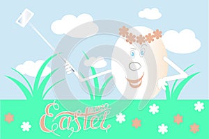 Greeting card lettering Happy Easter. Smiling white egg in a wreath of pink flowers makes selfie, blue sky