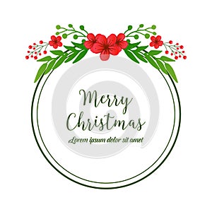 Greeting card lettering of merry christmas, with pattern art red flower frame. Vector