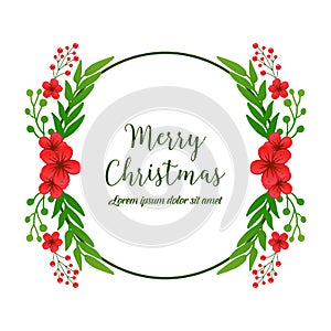 Greeting card lettering of merry christmas, with pattern art red flower frame. Vector