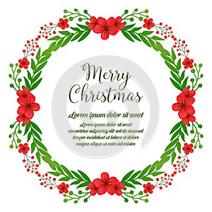 Greeting card lettering of merry christmas, with pattern art red flower frame. Vector