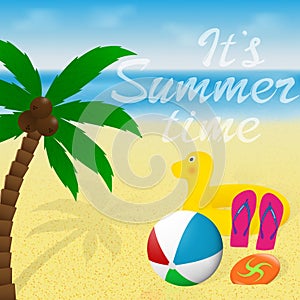 Greeting card with lettering. Summer vacation banner design. Palm tree, beachball and flying disk on a sea beach.
