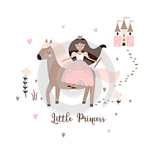 Greeting card with Little princess girl on horse. Vector illustration