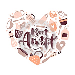 Greeting card love with Bon Appetit lettering vector text for food blog kitchen in the shape of a heart. Cute quote