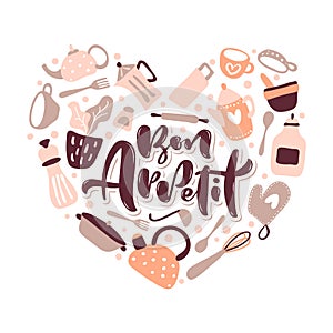 Greeting card love with Bon Appetit lettering vector text for food blog kitchen in the shape of a heart. Cute quote photo