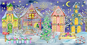 Greeting card with magic Christmas houses in village or town, with decorated conifer, trees and shrubs in snow at night