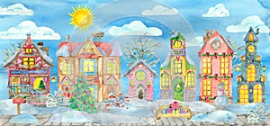 Greeting card with magic Christmas village and beautiful houses, with decorated conifer, trees and shrubs in snow at sunny day