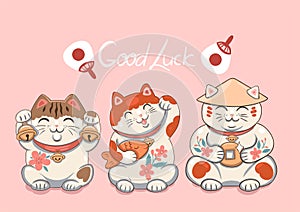 Greeting card with Maneki neko. Vector graphics