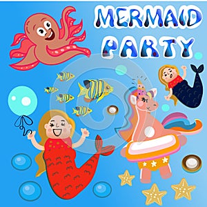 Greeting card on the marine theme. Cute mermaids, seashells, marine animals. Hand drawn lettering. party