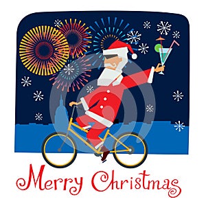 Greeting card Merry Christmas. Cheerful Santa Claus with a cocktail rides a bicycle