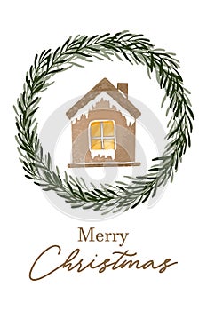 Greeting card Merry Christmas with cozy wood house and wreath