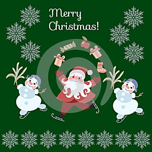 Greeting Card Merry Christmas! Cute cartoon Santa Claus juggling gifts, and dancing snowmen on skates.