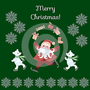 Greeting Card Merry Christmas! Cute cartoon Santa Claus juggling gifts, and polar bears on skates.