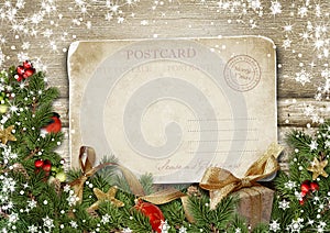 Greeting card Merry Christmas with decorations and vintage postc photo