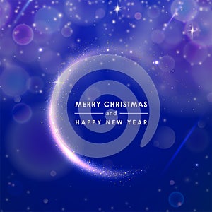 Greeting card merry christmas and happy new year in golden glitter circle on blue shine vector background. Abstract