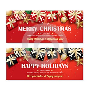 Greeting card merry christmas party poster banner design template on red background. Happy holiday and new year with gift box for