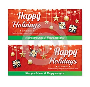 Greeting card merry christmas party poster banner design template on red background. Happy holiday and new year with gift box for