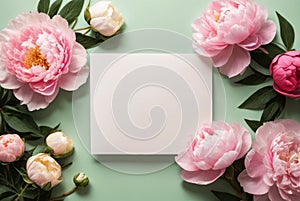 Greeting card mockup and beautiful pink peonies flowers frame