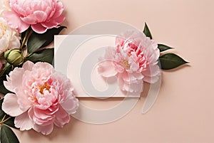 Greeting card mockup and beautiful pink peonies flowers frame