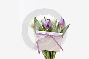 greeting card mockup. bouquet of purple tulips isolated on a white background. space for text.