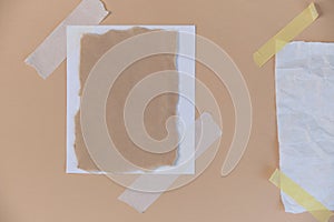 greeting card mockup. different paper textures with torn and smooth edges on a beige background. . place for text.