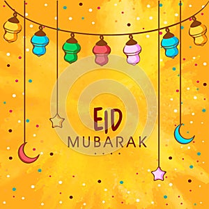 Greeting card with moon, star and lanterns for Eid.