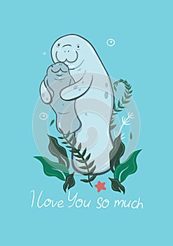 Greeting card for mother`s day with manatees with the inscription. Vector graphics