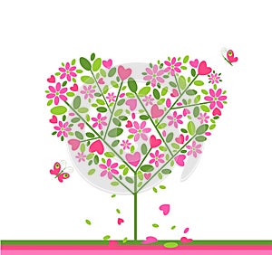 Greeting card for mother’s day, wedding, birthday, baby arrival invitations with paper cutting cherry-tree in heart shape